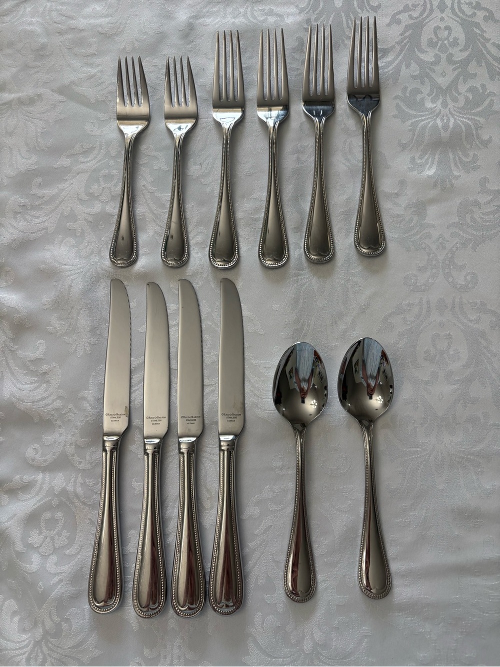 Lot of 12 Reed and Barton Elegant Bead Pattern Forks, Knifes, Spoons